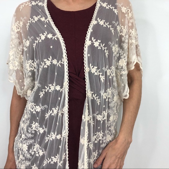 SOLD Haute Society Cream Floral Lace Sheer Boho Kimono - Picture 2 of 7